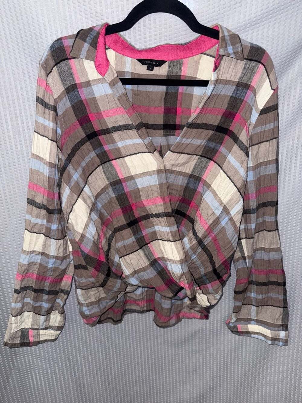 Cocobella Plaid Faux Wrap V-Neck Long Sleeve Top Size L